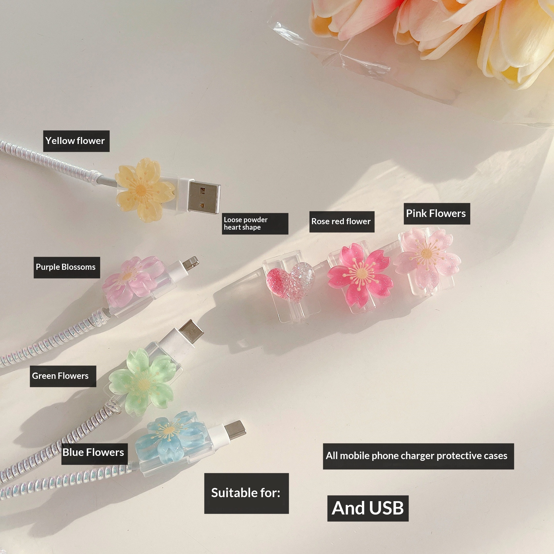 Cover compatibile con Huawei OPPO Vivo, motivo floreale trasparente, design a cartone animato, protezione per cavo dati._voghion.com