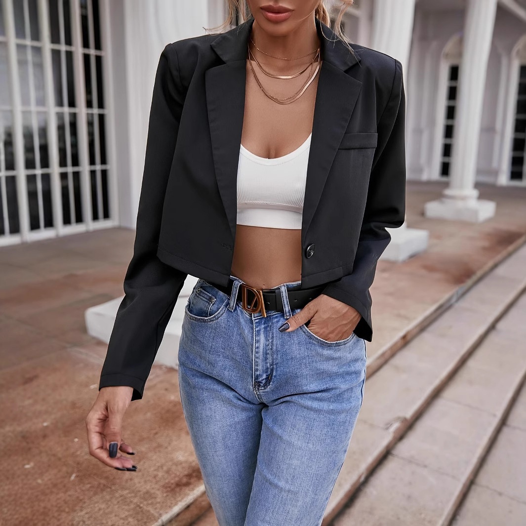 New Cross-border Foreign Trade Short Blazer Jacket, Unique Design, Waist-exposed Suit, Casual Hot Girl Style Outerwear_voghion.com