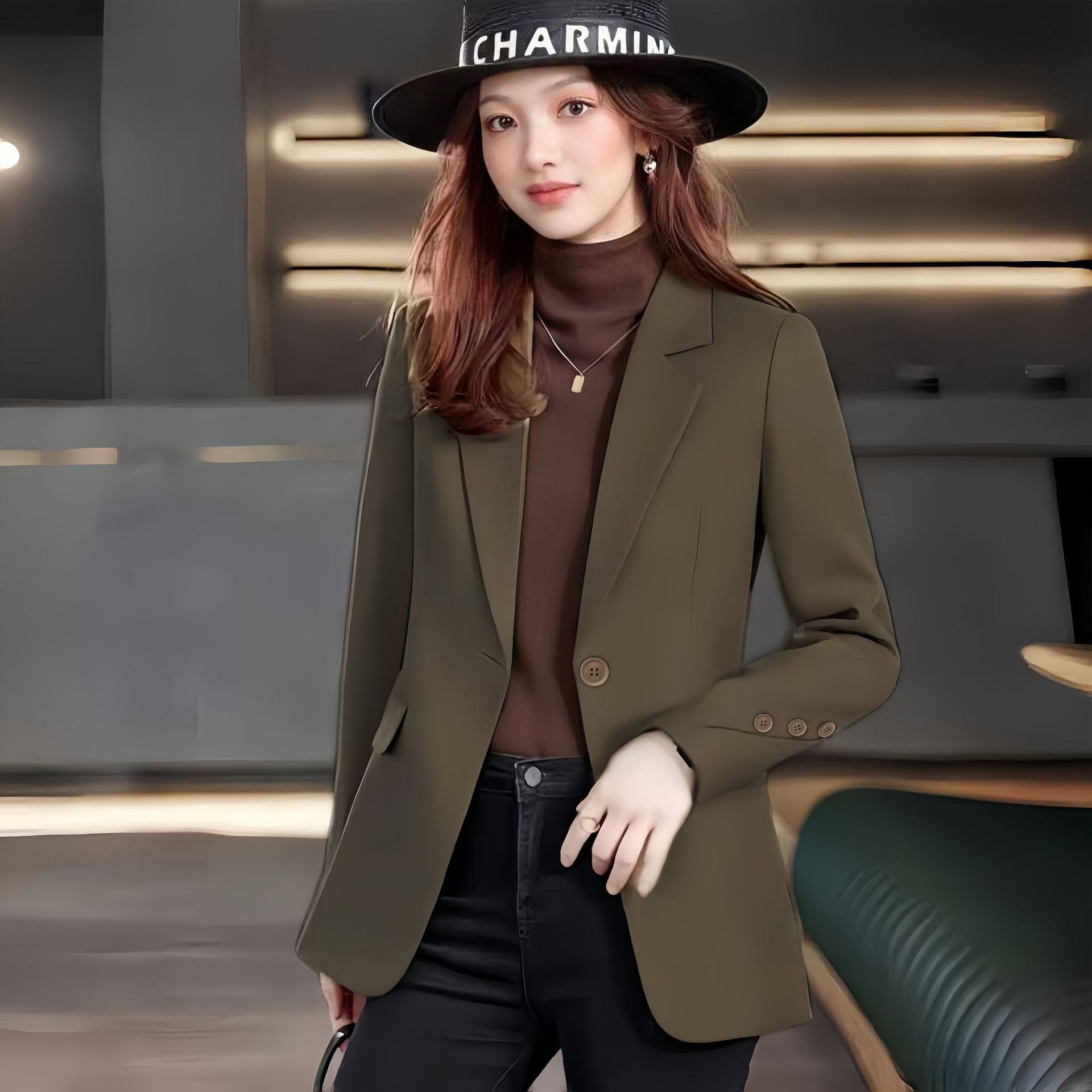 Blazer feminino cor café estilo coreano corte casual_voghion.com