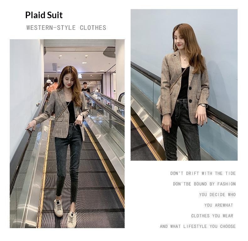 Women's Blazer Jacket Plaid Elegant Korean Style Spring Autumn_voghion.com