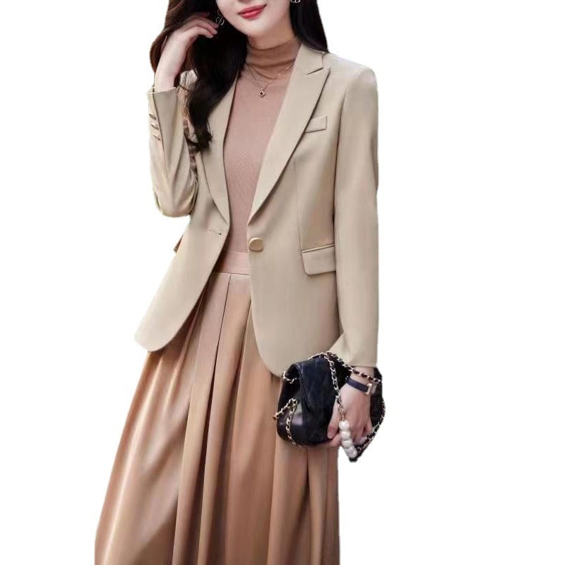 Neuer einreihiger, schmal geschnittener Blazer für Damen (Herbst 2024), strukturierter, lässiger Blazer in Aprikosenfarbe._voghion.com