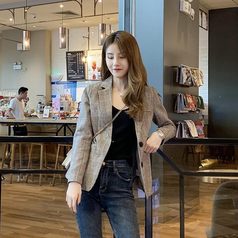 Women's Small Blazer Jacket Spring Autumn New Korean Style Student Short Trendy Petite Elegant Plaid Suit_voghion.com