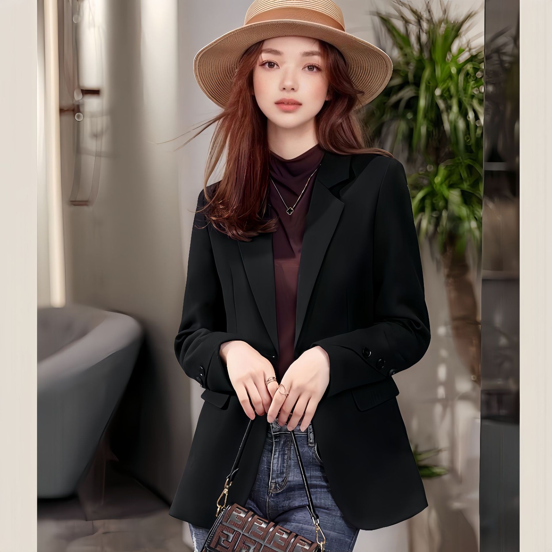 Blazer feminino moderno, casual, estilo coreano, modelagem solta, cor café, para primavera/outono, coleção 2025._voghion.com