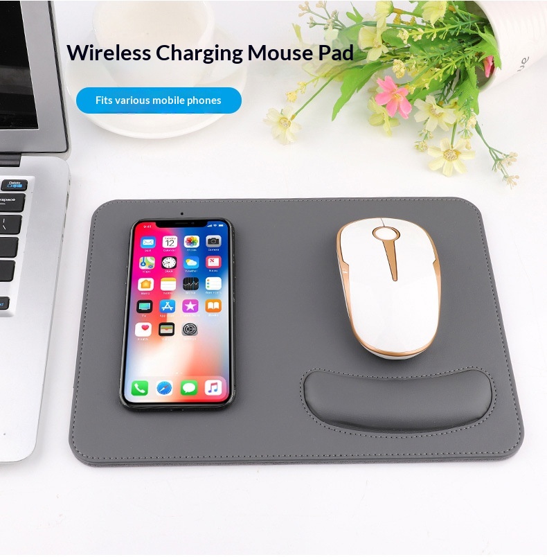 Poggiapolsi in pelle PU, direttamente dalla fabbrica, compatibile con tappetino per mouse con ricarica wireless da 15 W per iPhone._voghion.com