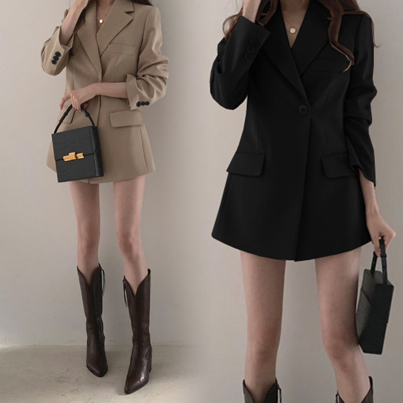 Women's Blazer Spring And Autumn, Korean Style, Ins Hong Kong Retro Khaki Top, Loose Fit, Suitable For Petite Figures,_voghion.com