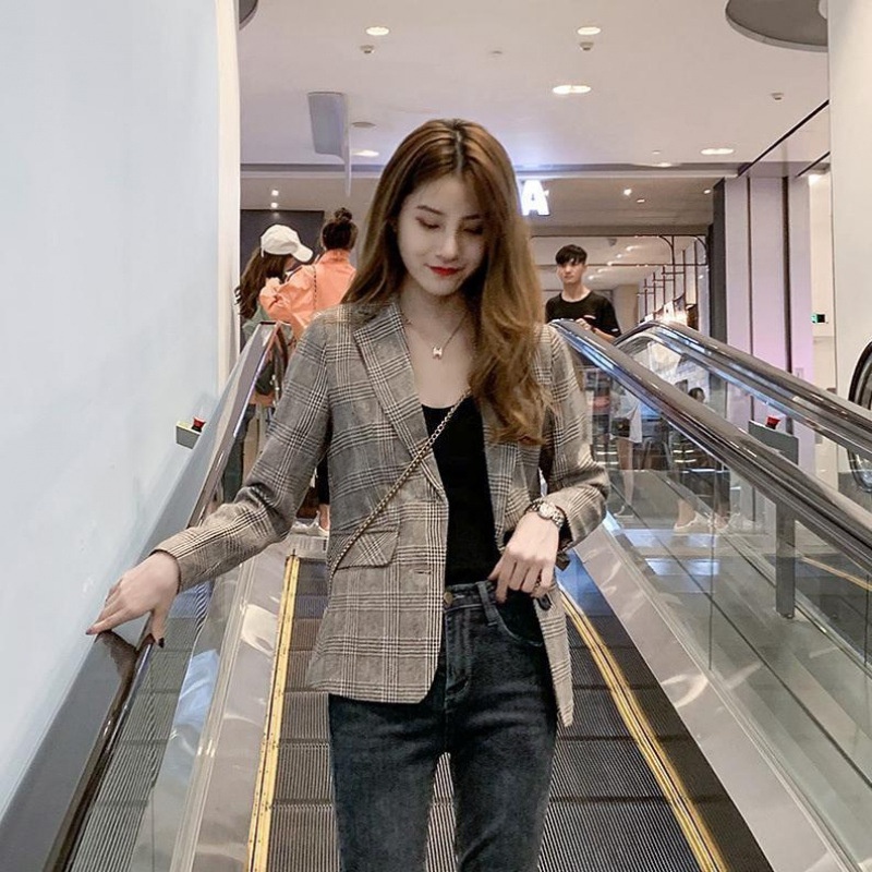 Women's Small Blazer Jacket Spring Autumn New Korean Style Student Short Trendy Petite Elegant Plaid Suit_voghion.com