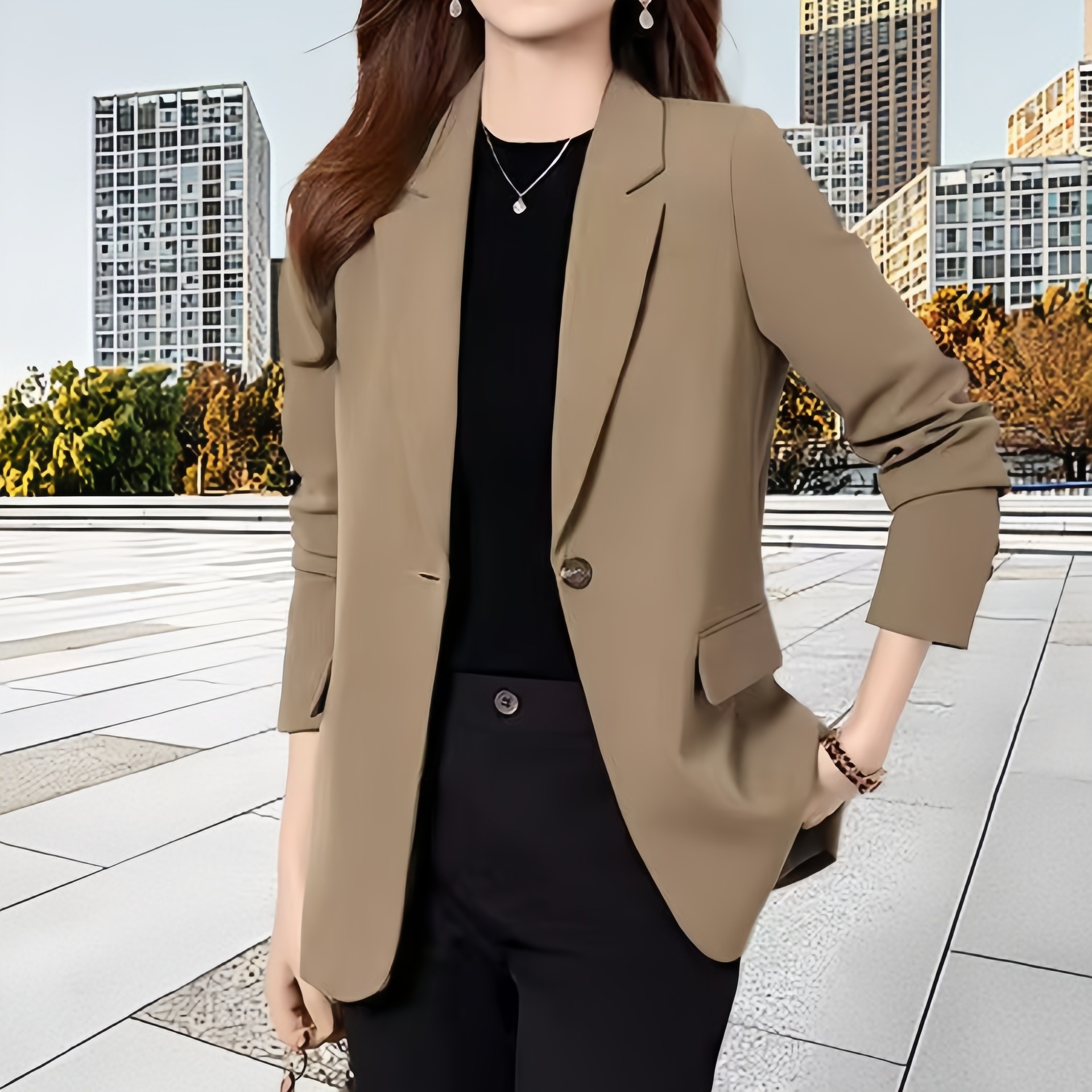 Blazer feminino cor café estilo coreano corte casual_voghion.com