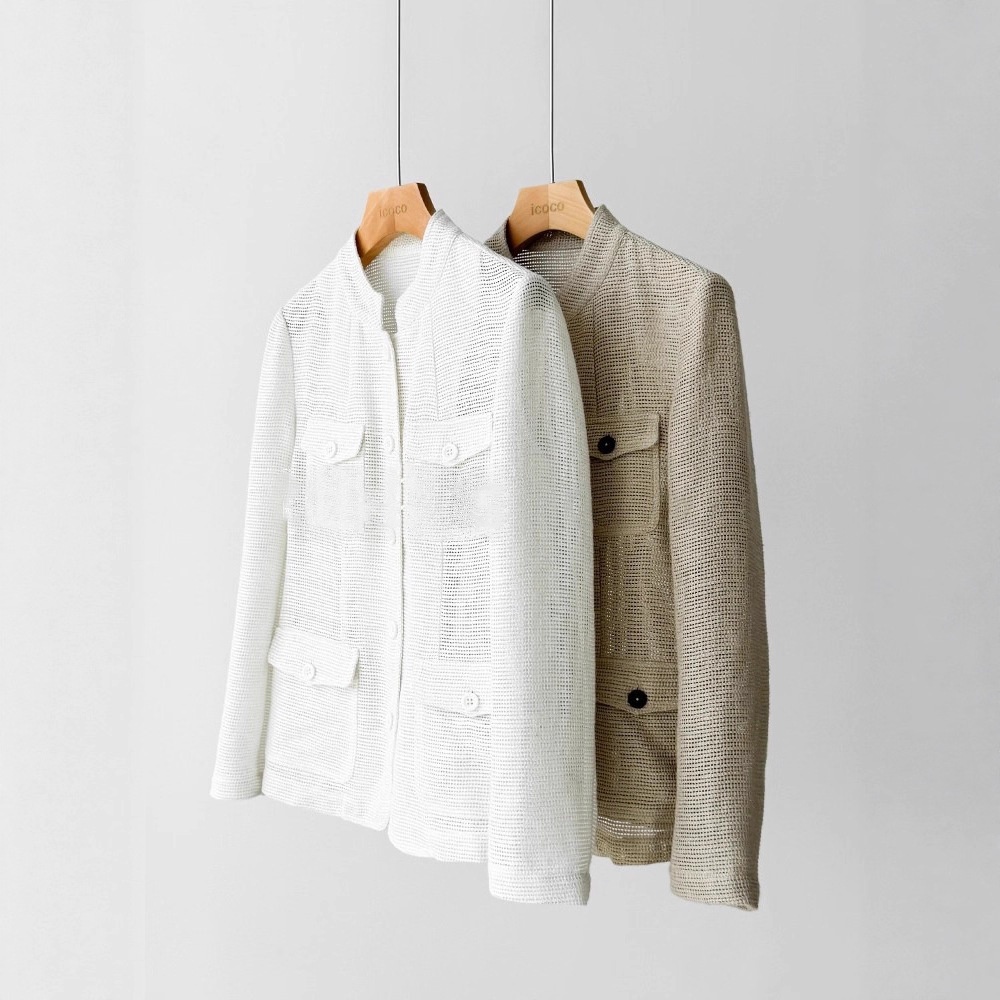 In-stock Linen + Cotton Material! Shimmering Silk Stand-up Collar Pocketed Knitted Waist-cinching Blazer, Fall 2025_voghion.com