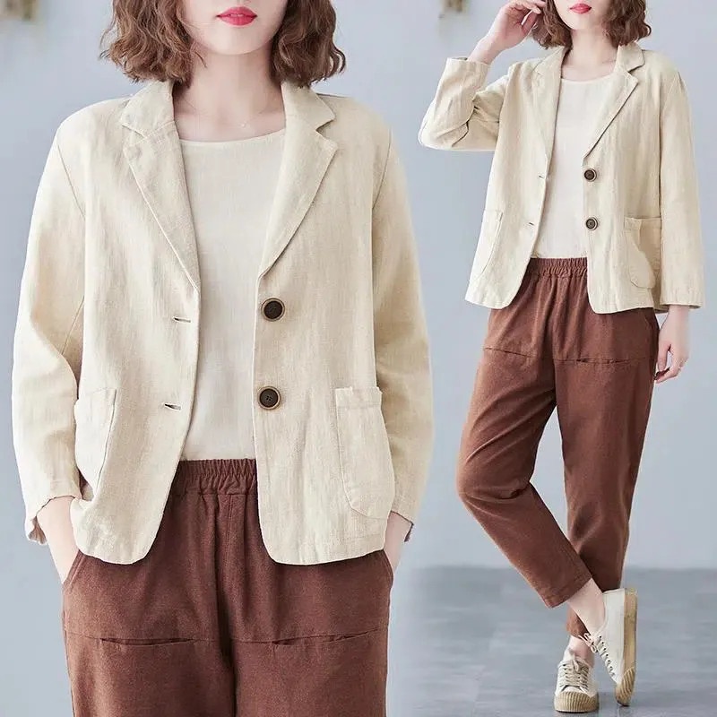 Baumwoll-Leinen-Jacke, kleiner Blazer, Frühjahr/Sommer 2023, neu, locker, künstlerisch, vielseitig, langärmelig, lässig, elegant, Sonne_voghion.com