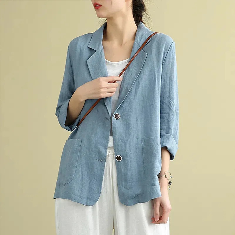 Baumwoll-Leinen-Jacke, kleiner Blazer, Frühjahr/Sommer 2023, neu, locker, künstlerisch, vielseitig, langärmelig, lässig, elegant, Sonne_voghion.com