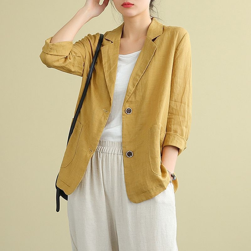 Women's Cotton Linen Blazer Lightweight Casual Elegant Jacket_voghion.com