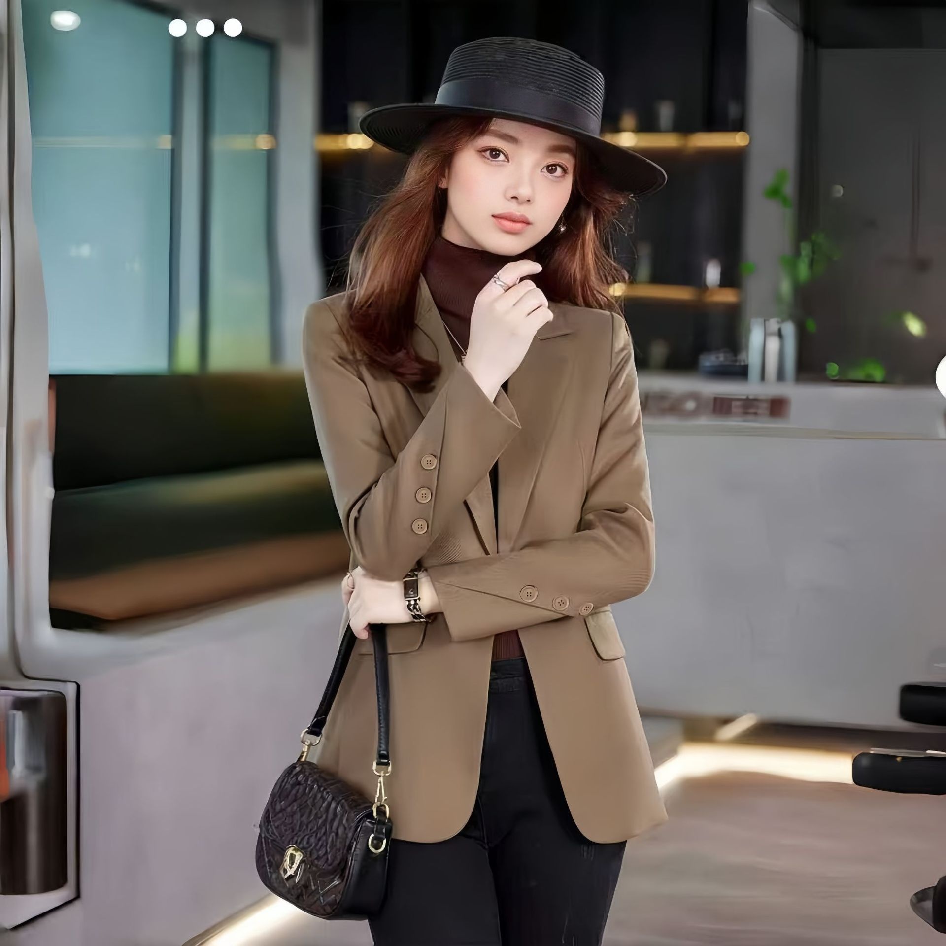 Blazer feminino cor café estilo coreano corte casual_voghion.com