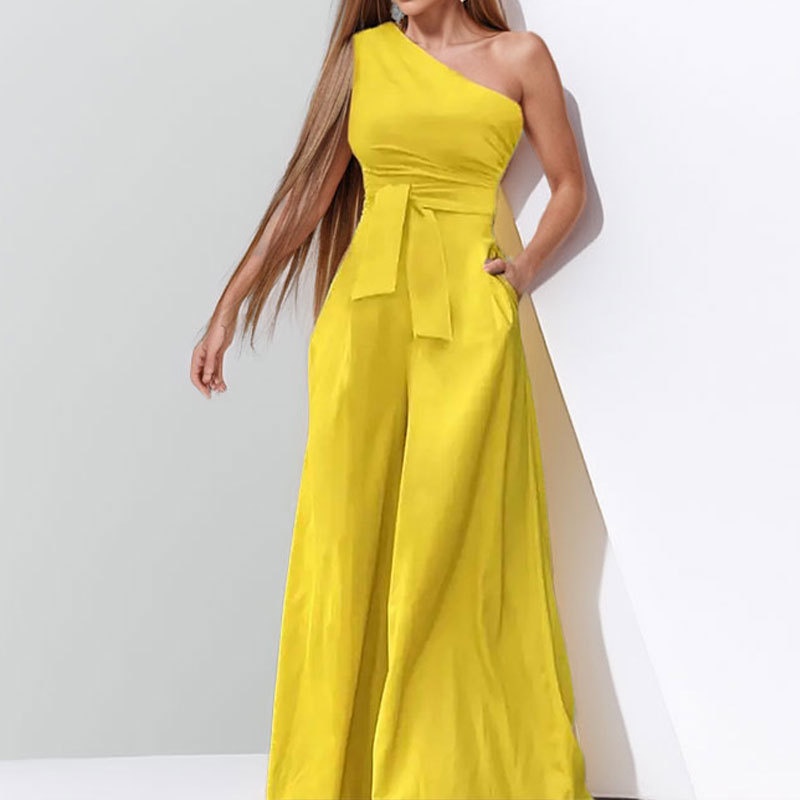 Women's Jumpsuit Solid Colour Waist Cinching Asymmetric Neckline_voghion.com
