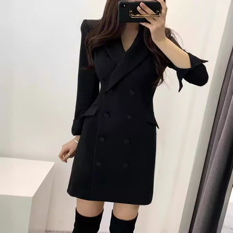 Frühjahr/Herbst 2025: Neuer koreanischer, mittellanger, schmal geschnittener Blazer mit zweireihigem Langarmkleid für Damen_voghion.com