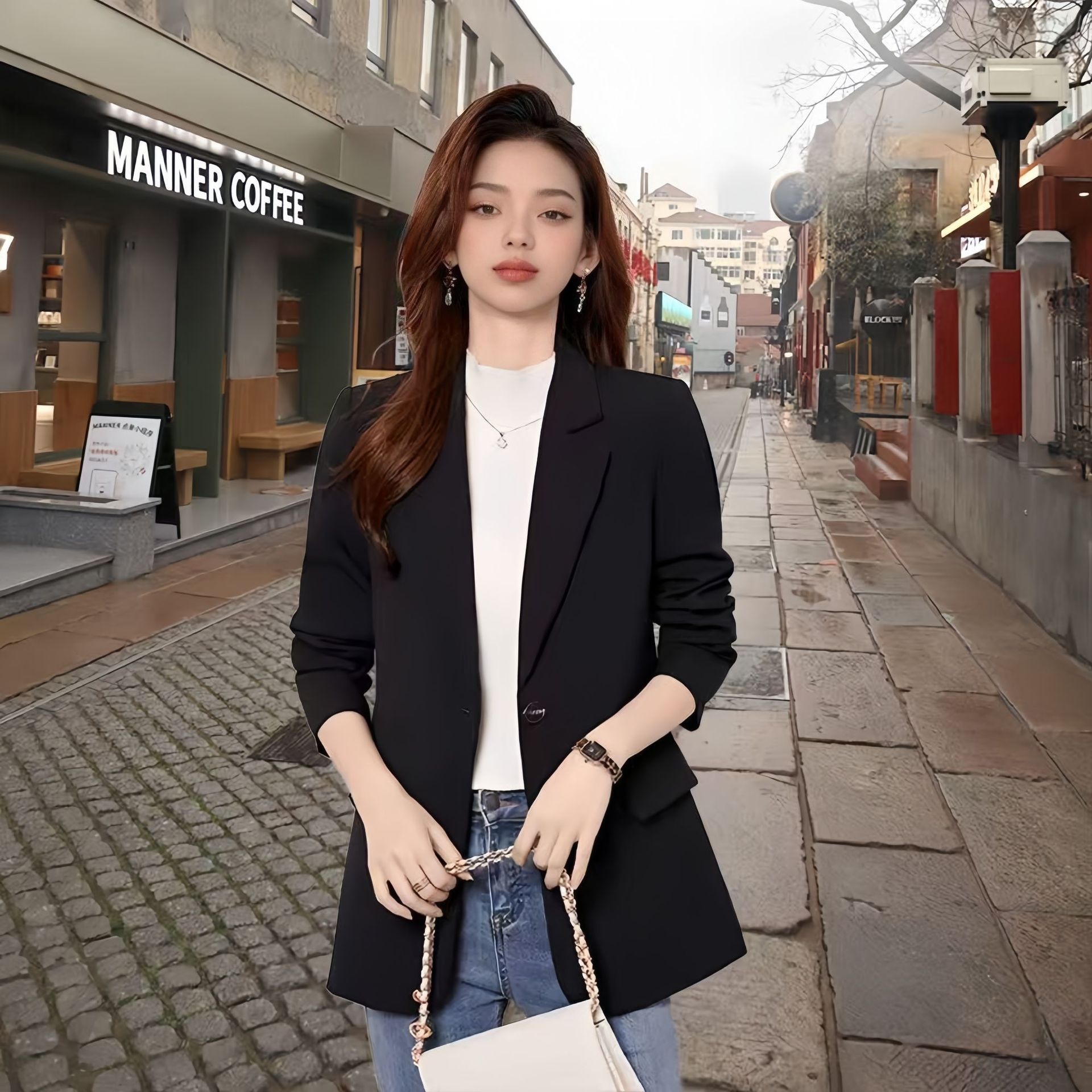 Blazer feminino cor café estilo coreano corte casual_voghion.com