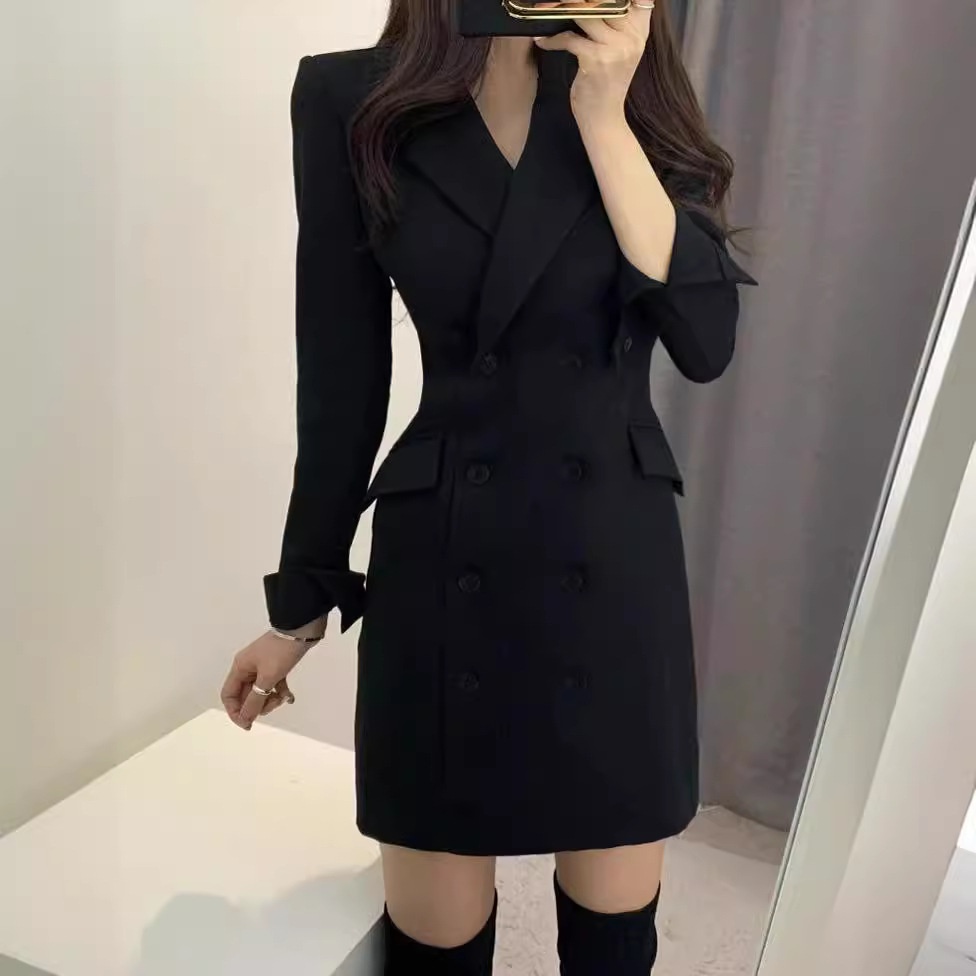 Frühjahr/Herbst 2025: Neuer koreanischer, mittellanger, schmal geschnittener Blazer mit zweireihigem Langarmkleid für Damen_voghion.com