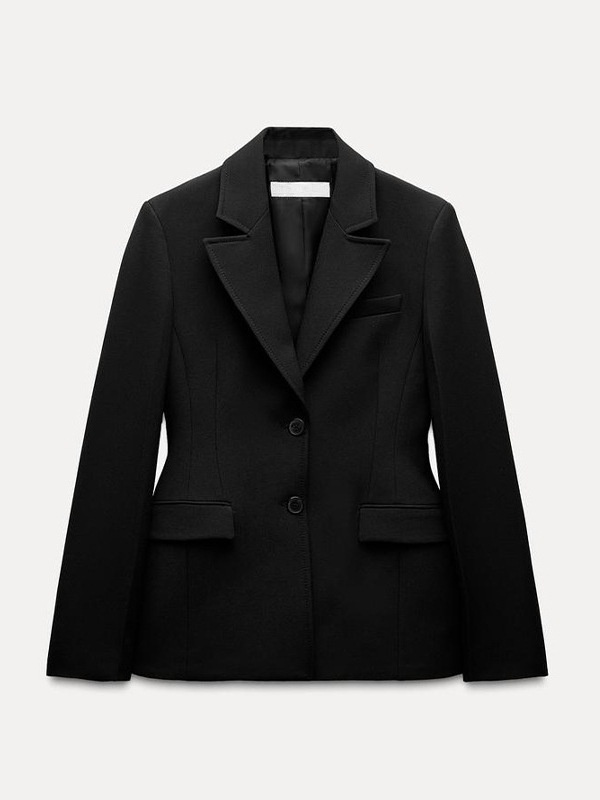 Elegante dames blazer zwart slim fit met schoudervulling_voghion.com