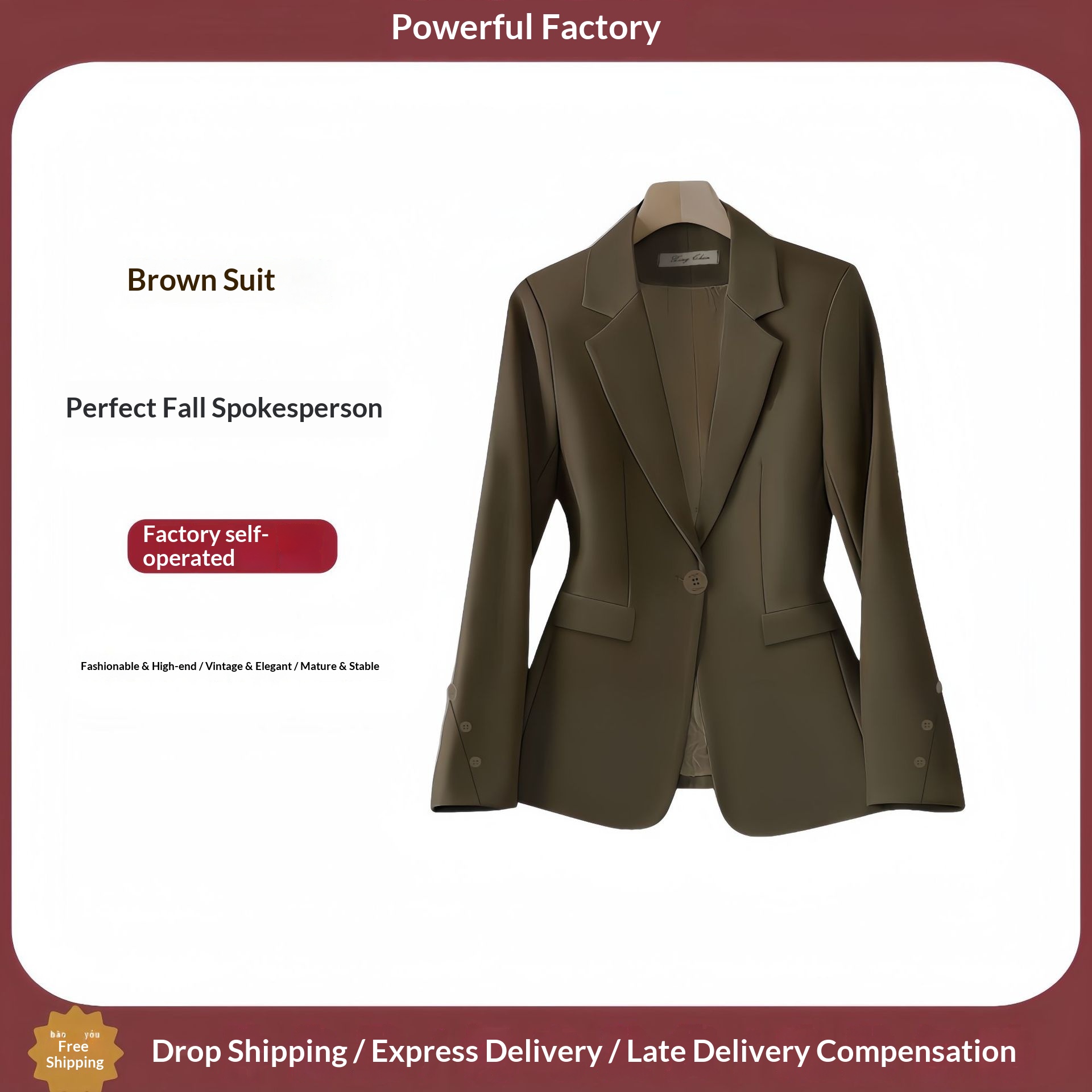 Blazer feminino moderno, casual, estilo coreano, modelagem solta, cor café, para primavera/outono, coleção 2025._voghion.com