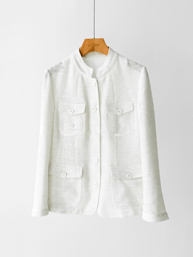 Women's Lightweight Linen Cotton Blazer With Stand Up Collar_voghion.com