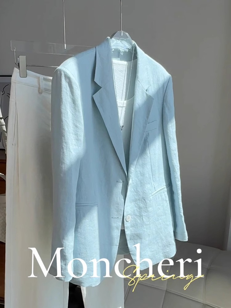 Women's Sky Blue Linen Blazer Lightweight Summer Suit Jacket_voghion.com