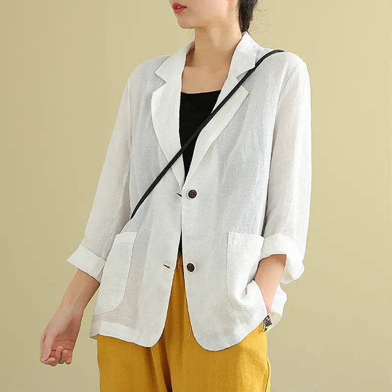 Loose Cotton-linen Blazer, New Summer Linen Top, Versatile Long-sleeve Casual Elegant Jacket For Women_voghion.com