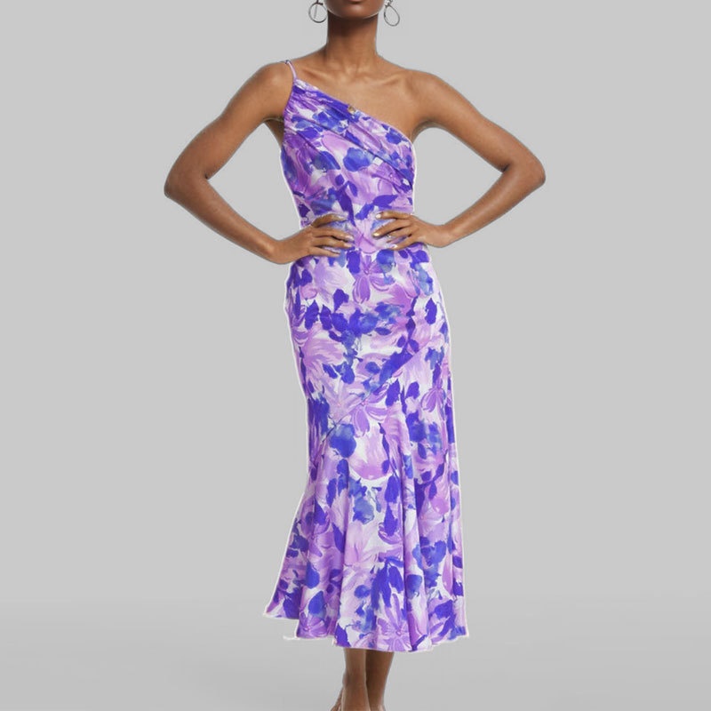 2026 Spring New Fashionable Slim Fit Asymmetrical Neck Strap Mermaid Print Dress_voghion.com