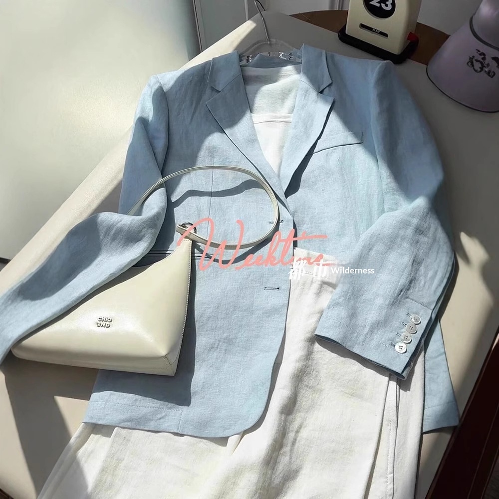 4825#Sky Blue Linen Blazer For Women, New Summer Minimalist Style, Breathable Small Suit Top_voghion.com