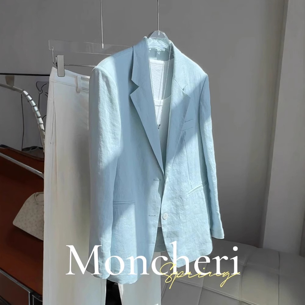 4825#Sky Blue Linen Blazer For Women, New Summer Minimalist Style, Breathable Small Suit Top_voghion.com