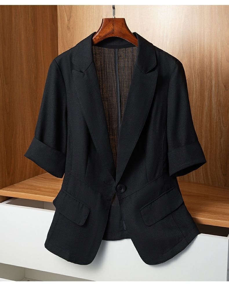 Women's Lightweight Blazer Slim Fit Short Sleeve Summer Jacket_voghion.com