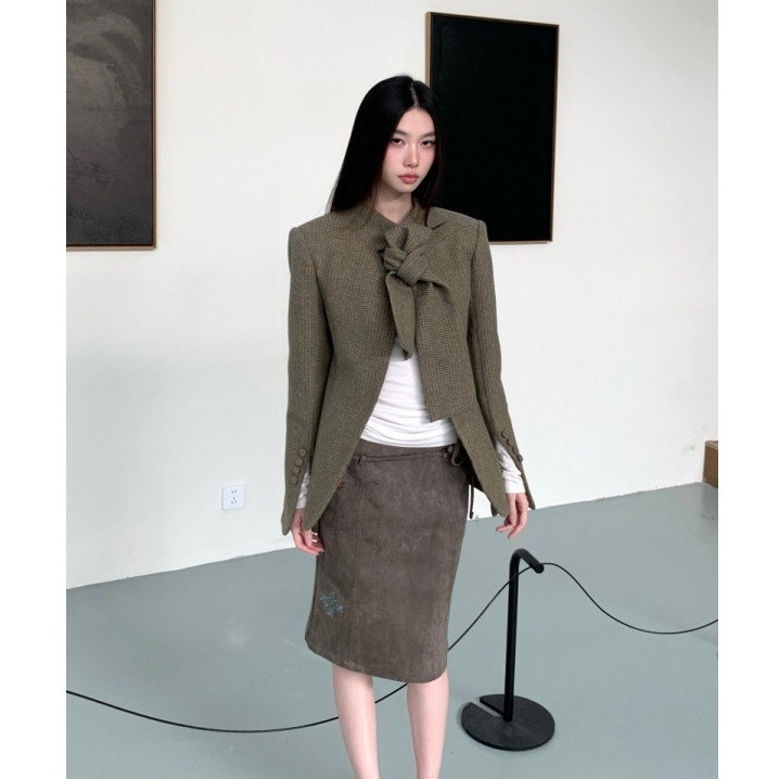 Olive Green Multi-tie Design Fashionable Retro Wool Blazer For Women_voghion.com