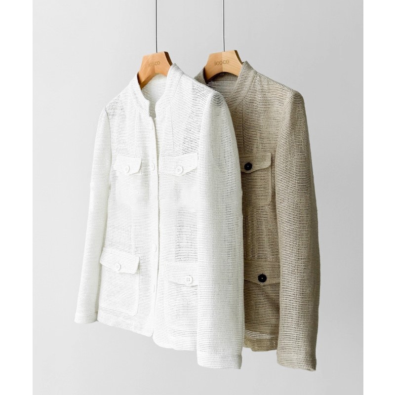 Women's Lightweight Linen Cotton Blazer With Stand Up Collar_voghion.com