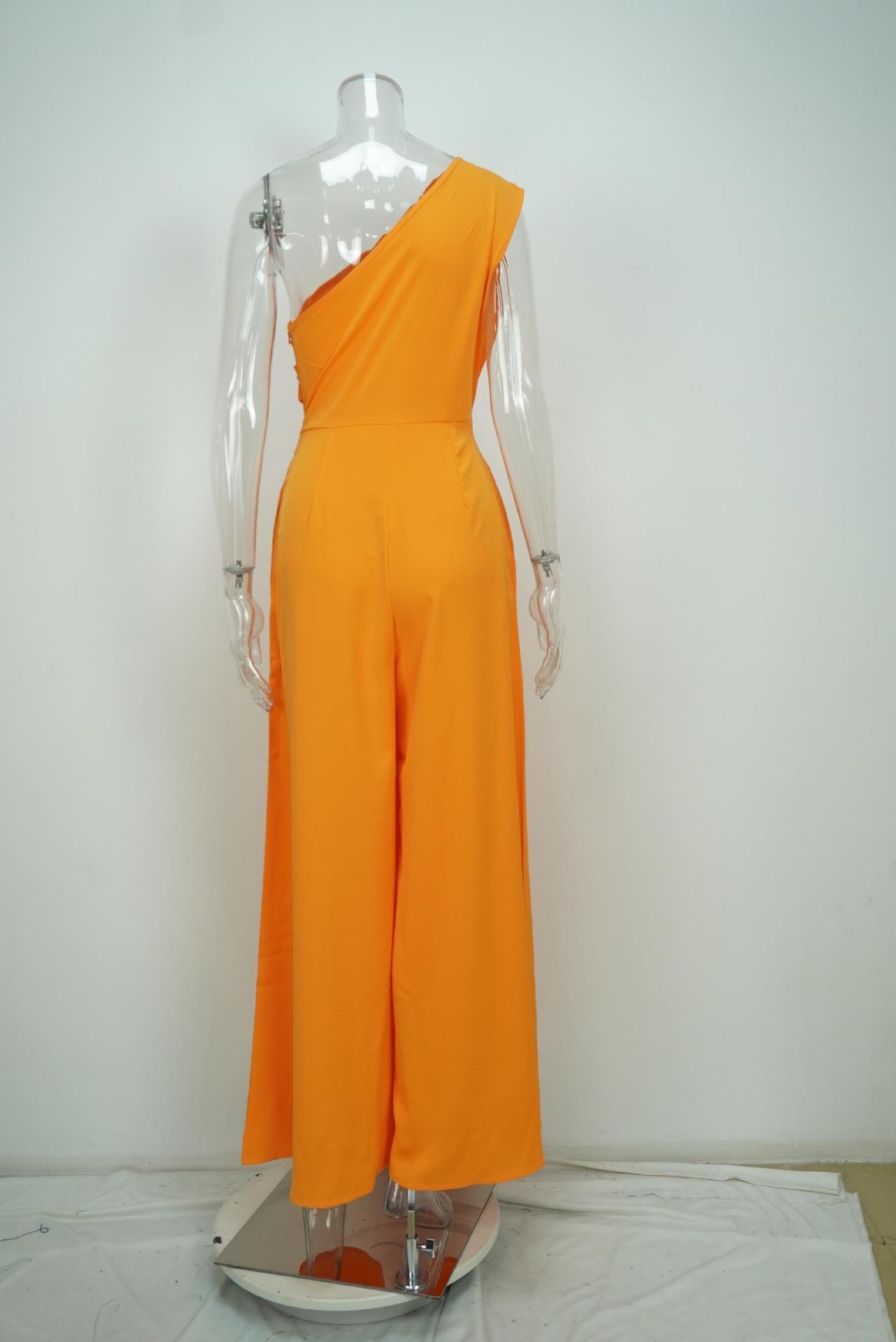 Women's Jumpsuit Solid Colour Waist Cinching Asymmetric Neckline_voghion.com