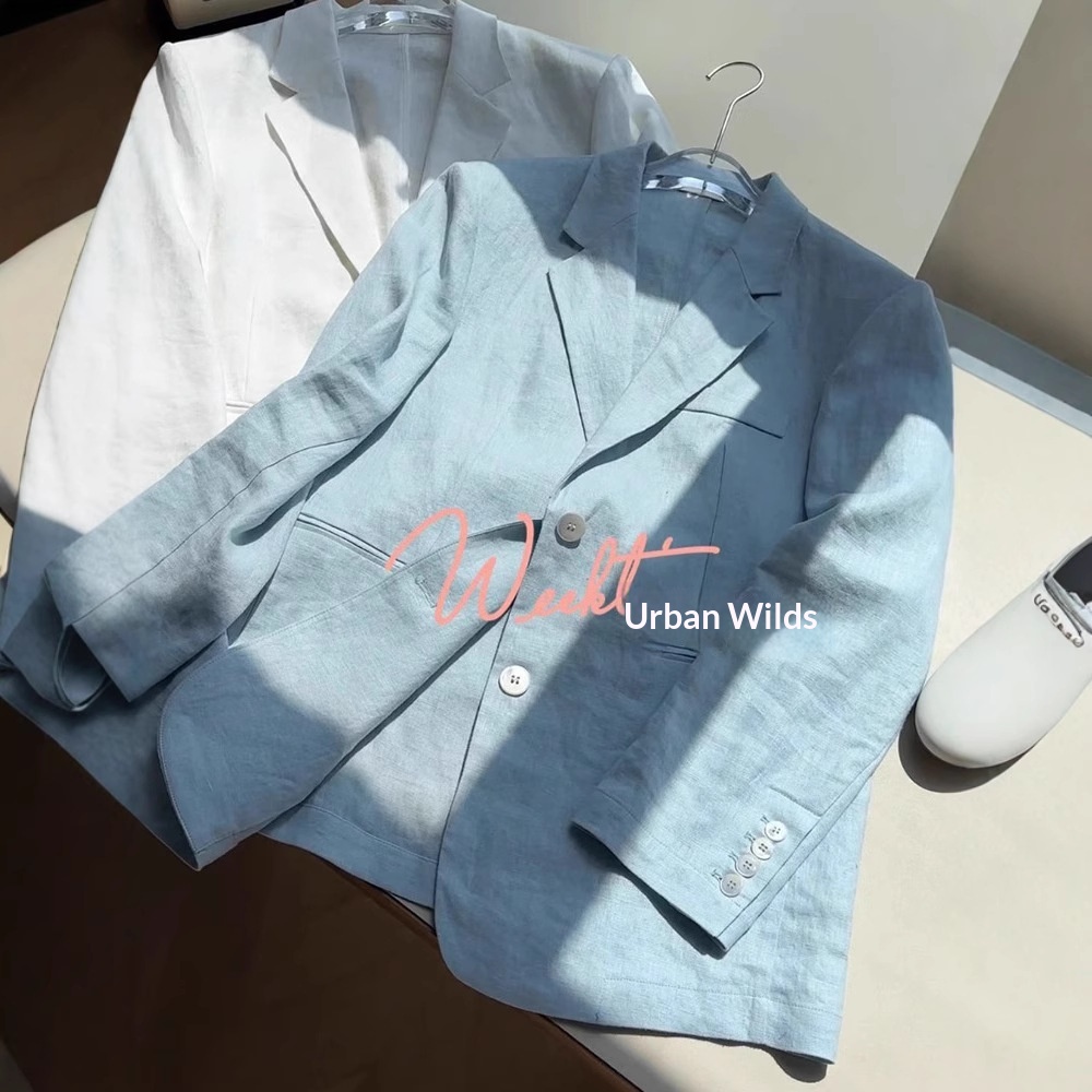 4825#Sky Blue Linen Blazer For Women, New Summer Minimalist Style, Breathable Small Suit Top_voghion.com