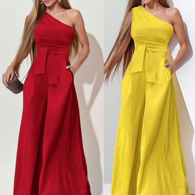 Women's Jumpsuit Solid Colour Waist Cinching Asymmetric Neckline_voghion.com