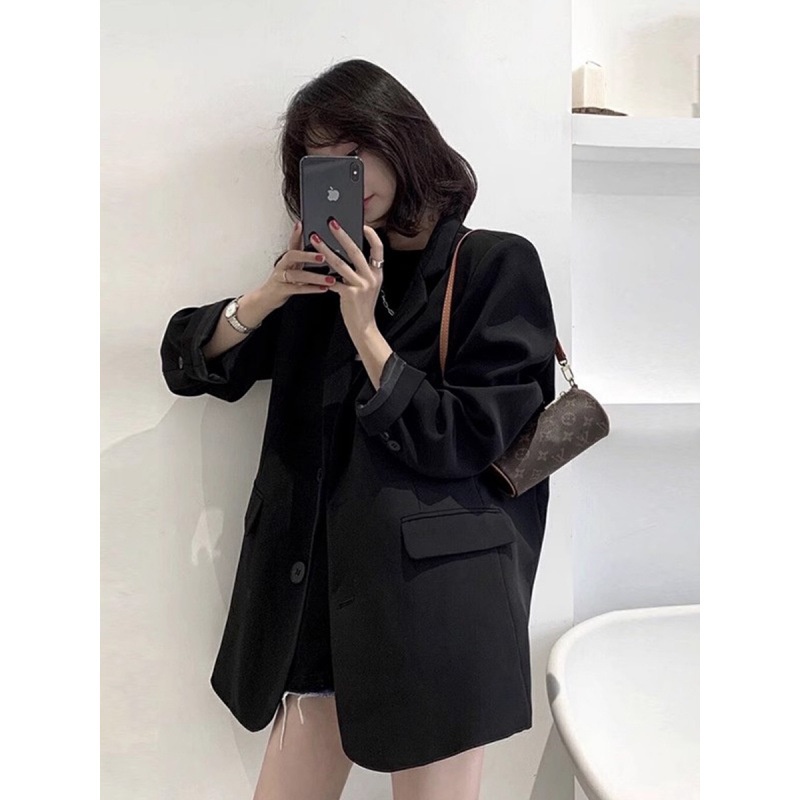 Black Blazer For Women 2025 Spring Autumn New Korean Style Loose Fit Petite Suit Jacket_voghion.com