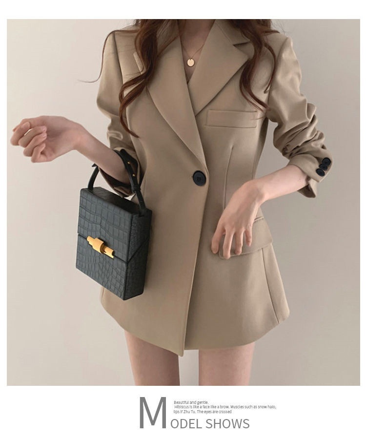 Dam retro khaki blazer lätt jacka med lös passform för hösten_voghion.com