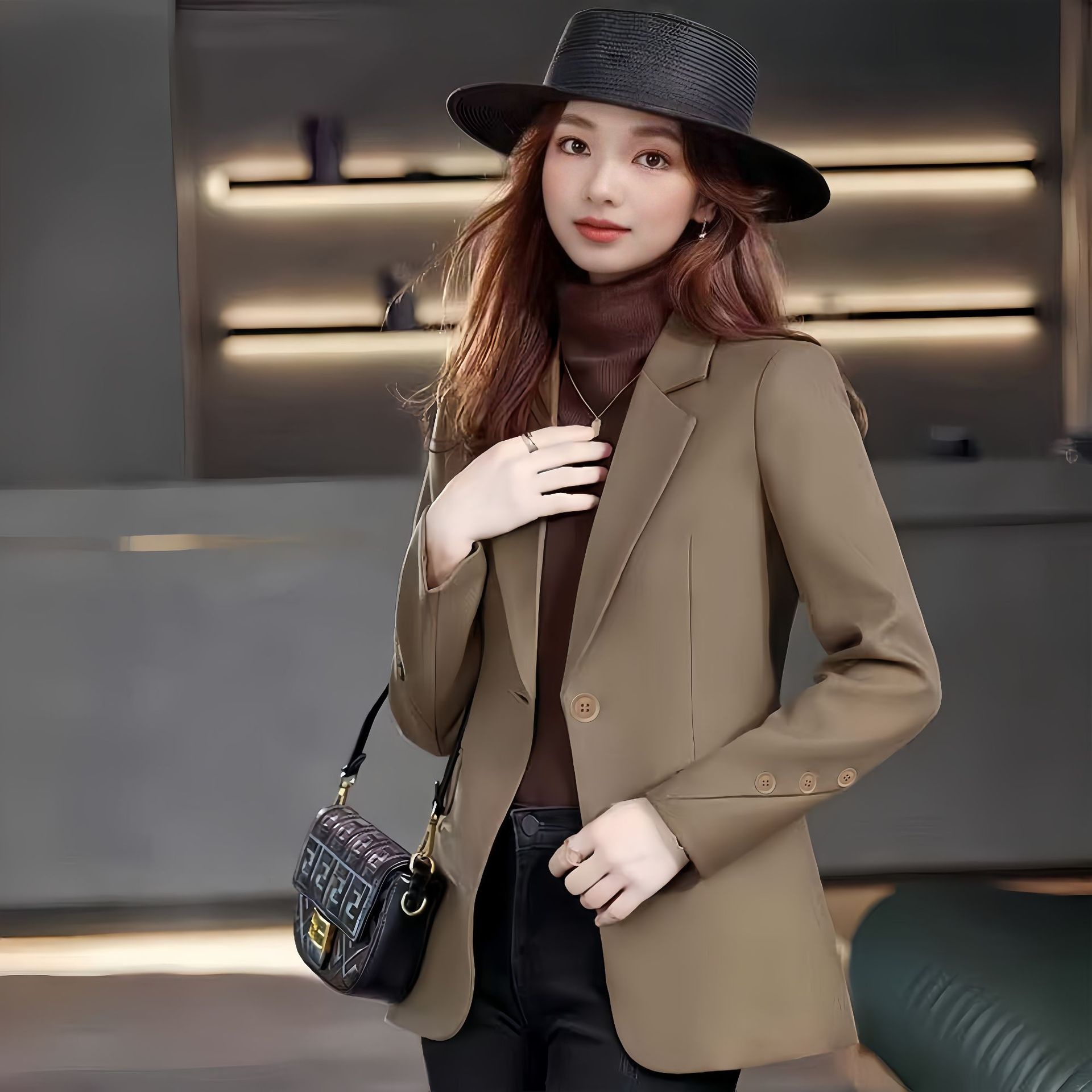 Blazer feminino cor café estilo coreano corte casual_voghion.com