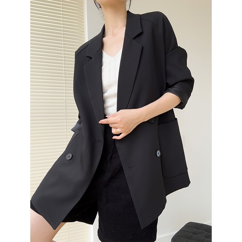 Blazer décontracté et ample à couleurs contrastées, veste de tailleur mi-longue pour femme, nouveau style coréen, croisé._voghion.com