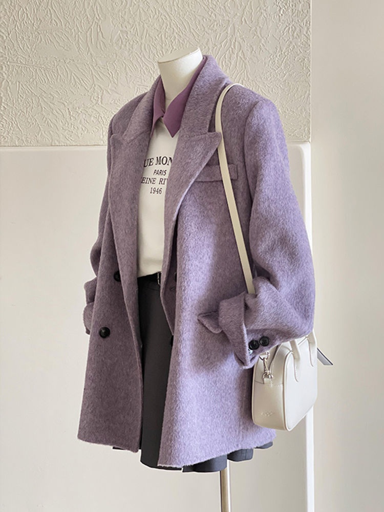 Zachte paarse jas, nieuwe herfst- en winterstijl, wollen blazer, kort model voor kleine vrouwen, Koreaanse stijl_voghion.com