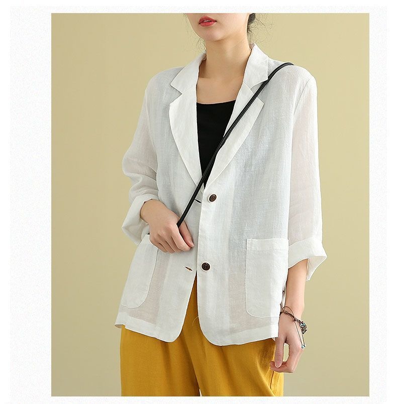 Women's Cotton Linen Blazer Lightweight Casual Elegant Jacket_voghion.com