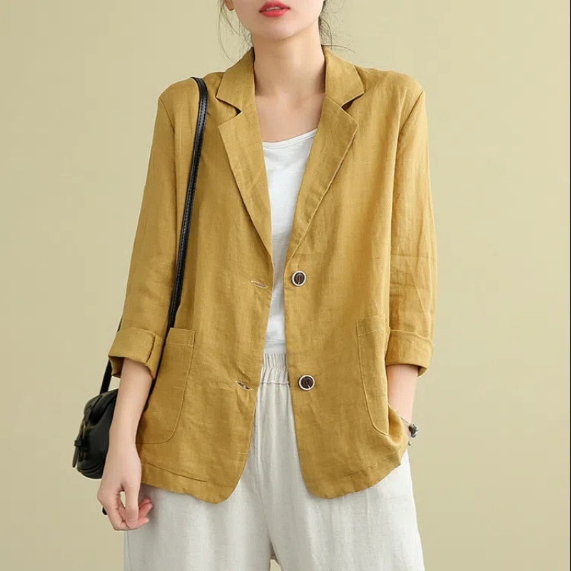 Loose Cotton-linen Blazer, New Summer Linen Top, Versatile Long-sleeve Casual Elegant Jacket For Women_voghion.com