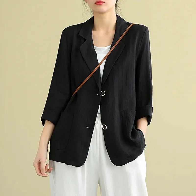 Baumwoll-Leinen-Jacke, kleiner Blazer, Frühjahr/Sommer 2023, neu, locker, künstlerisch, vielseitig, langärmelig, lässig, elegant, Sonne_voghion.com