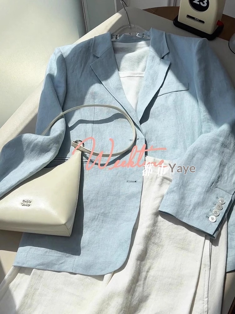 Women's Sky Blue Linen Blazer Lightweight Summer Suit Jacket_voghion.com