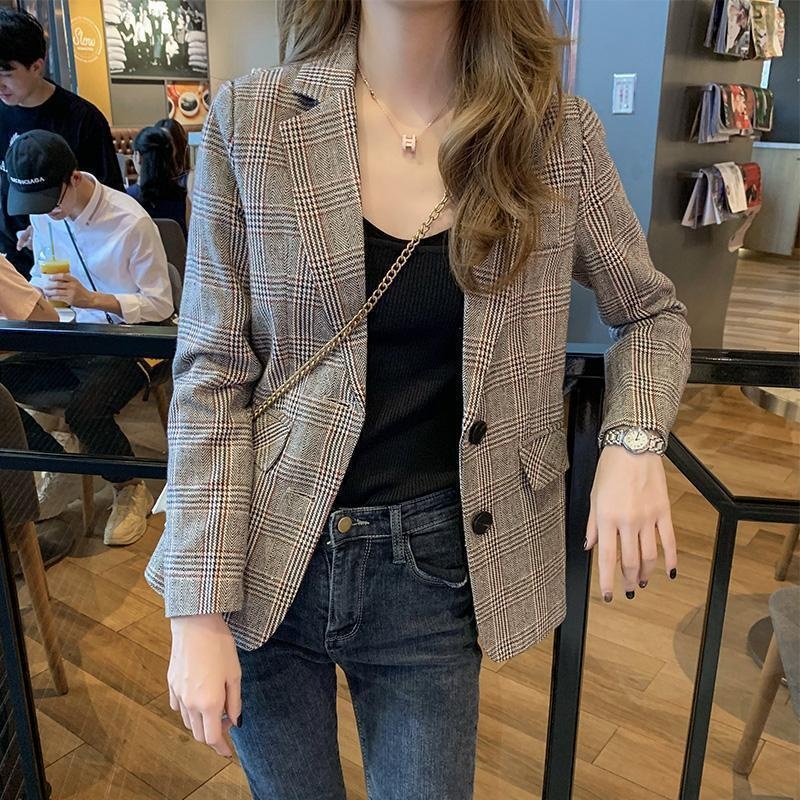 Women's Small Blazer Jacket Spring Autumn New Korean Style Student Short Trendy Petite Elegant Plaid Suit_voghion.com