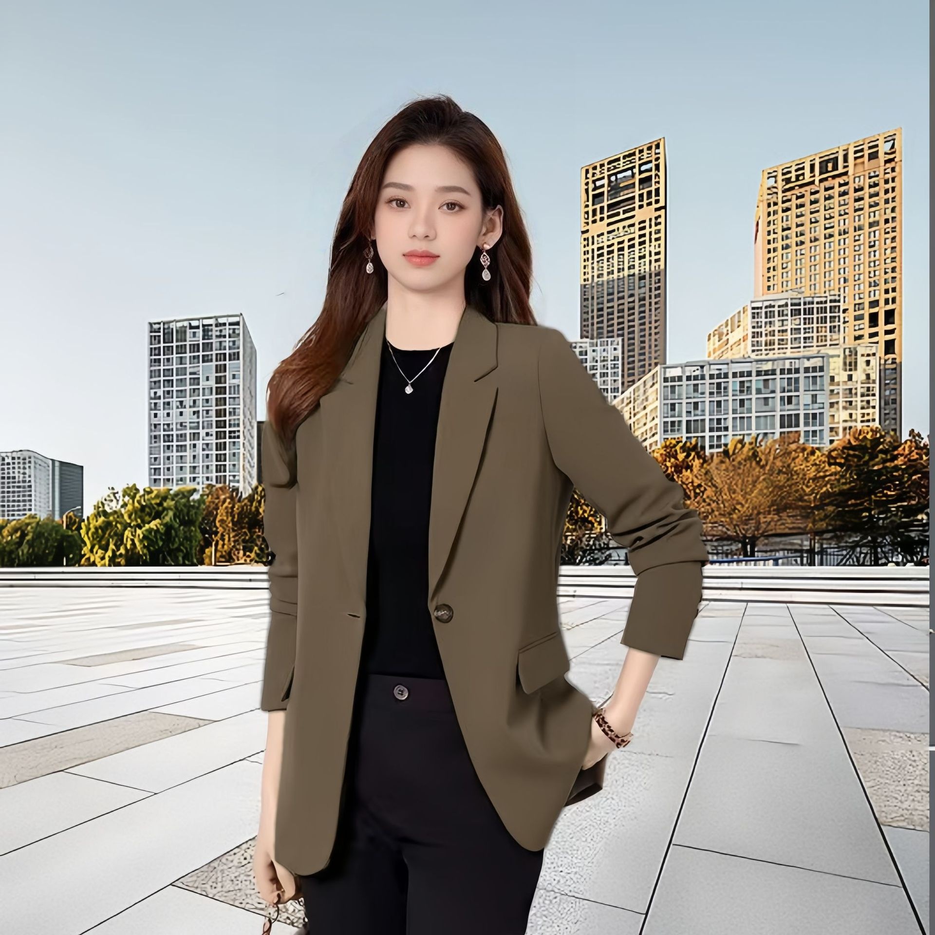 Blazer feminino cor café estilo coreano corte casual_voghion.com