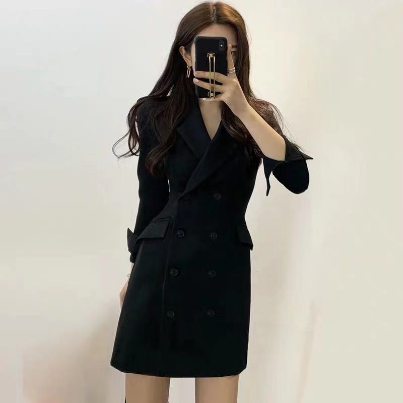 Frühjahr/Herbst 2025: Neuer koreanischer, mittellanger, schmal geschnittener Blazer mit zweireihigem Langarmkleid für Damen_voghion.com