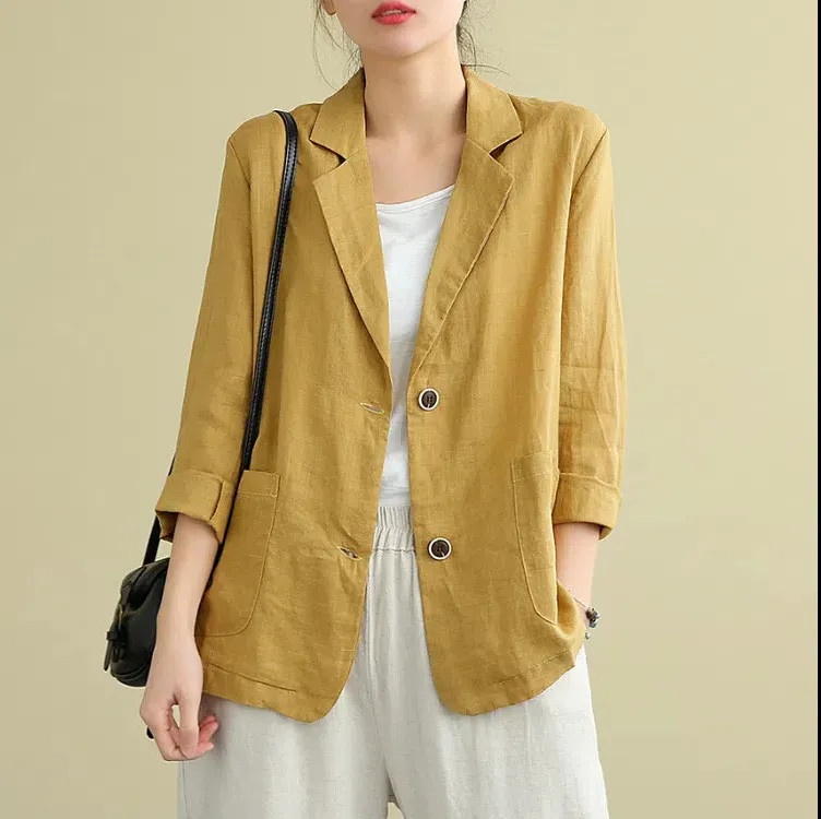 Baumwoll-Leinen-Jacke, kleiner Blazer, Frühjahr/Sommer 2023, neu, locker, künstlerisch, vielseitig, langärmelig, lässig, elegant, Sonne_voghion.com