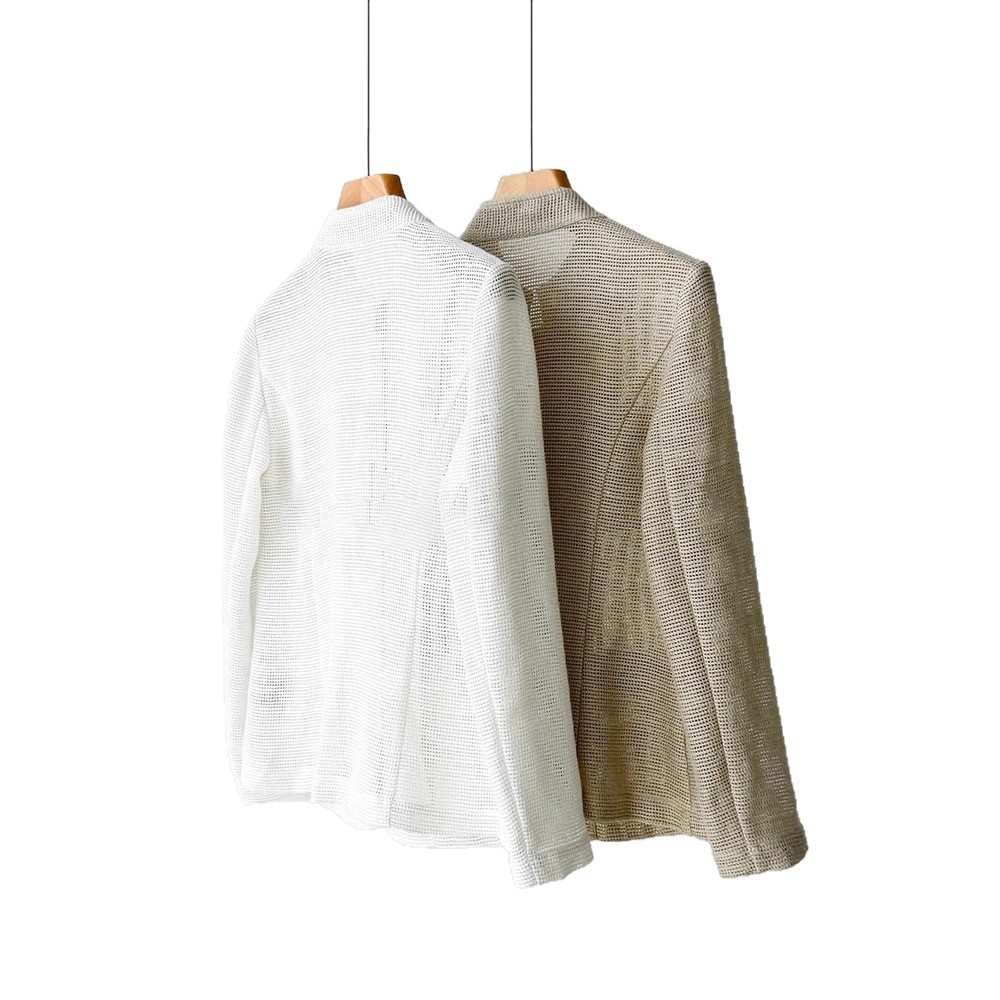 In-stock Linen + Cotton Material! Shimmering Silk Stand-up Collar Pocketed Knitted Waist-cinching Blazer, Fall 2025_voghion.com