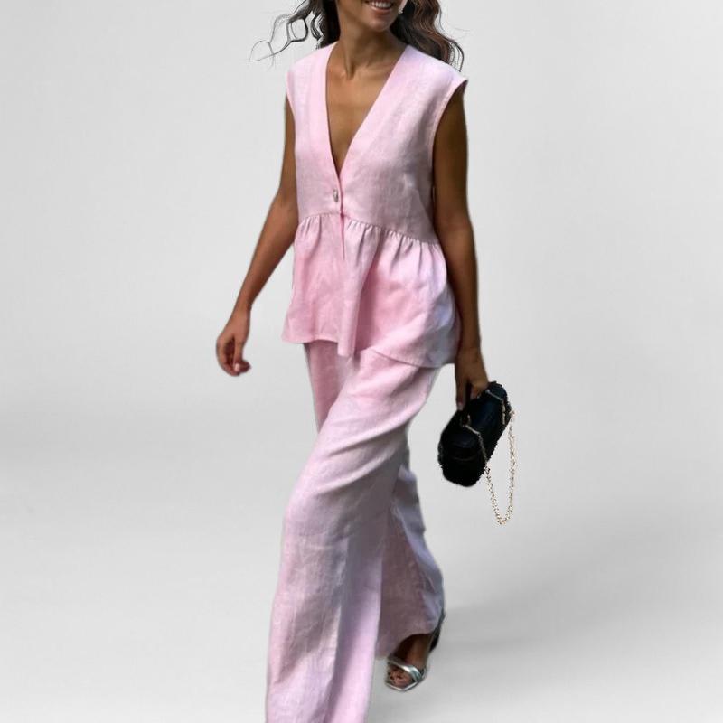 Conjunto elegante de top sin mangas con cuello en V y pantalón, ideal para viajes al trabajo, de color liso, nuevo modelo 2026._voghion.com
