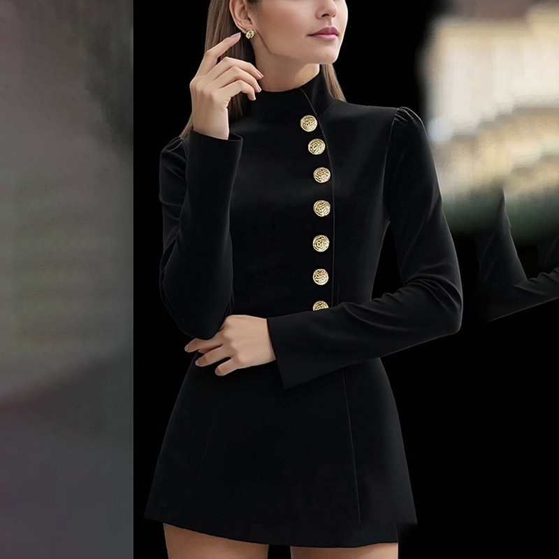 2026 New Spring Elegant Slim-Fit Solid Color Short-Sleeve Stand Collar Single-Breasted Dress_voghion.com